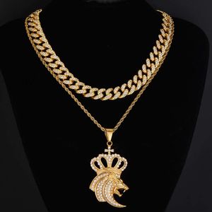 Мужская цепочка с кубинскими звеньями, ожерелье в стиле хип-хоп, популярная новая подвеска с короной и львом, крутой комплект с бриллиантами, подвеска, персонализированная кубинская цепочка, ожерелье в стиле хип-хоп, мужские ювелирные изделия