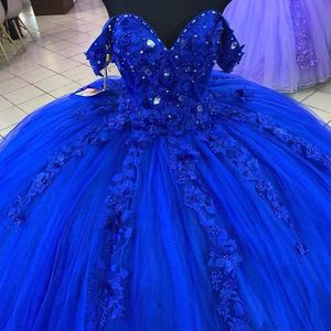 2023 Kraliyet Mavi Balo Elbise Quinceanera Elbiseler Gelin Gowns Kristal Boncuklar Korse Geri Tatlı 16 Elbise Zemin Uzunluğu Tül Dantel Uygulama