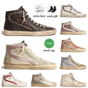 Calfskin Üst Gümüş Altın Kadın Kadın Erkek Tasarımcı Ayakkabı El işi Orta Top Yıldız İtalya Marka Slayt Spor Ayakkabıları Vintage Flash Glitter Lüks Günlük Spor Eğitmenleri 36-46