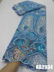 Tecido céu azul tule tecido de renda com sequência vestido de casamento tecido lantejoulas tule renda africana rede de malha de renda francesa para costura kb2934 231129
