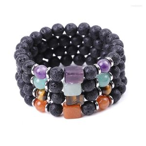 Strand Natural Crystal Bracelet For Women Men Healing Jewelry Rock Quartz Square Steel Bead Black Lava Stone Amethysts Stretch