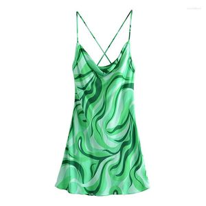 Sıradan Elbiseler 2023 Yaz Spagetti Kayışları Mini Elbise Kadınlar Yeşil Seksi Parti Kravat Boya Baskı Sokak Giyim İnce Ledies Kadın Giysileri
