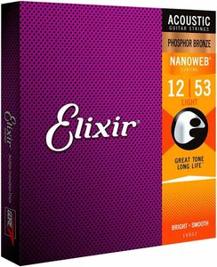 1set!! Elixir 16052 Nanoweb Acoustic Guitar Strings Light 12-53 Phosphor Bronze
