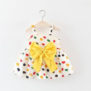 Kız elbiseler küçük kızlar elbise yaz moda askı sarı yay dot baskı sıradan bebek kısa etek çocuklar sevimli kıyafetler vestidos