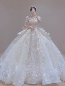 2023 Lüks Boncuklu Nakış Abiye Gelinlik Prenses Elbisesi Korse Sevgiliye Organze Ruffles Katedral Tren payetli kristal Büyük Boy Gelin Elbisesi