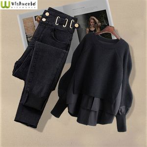 Женские брюки с двумя частями большие весенние и осенние костюмы корейская фальшивая модная фальшивая рубашка Topece Top Casual Jeans Set 230202