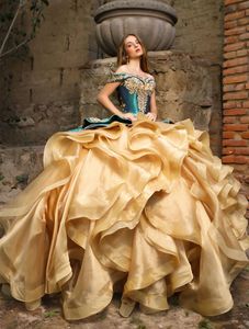 Vintage Teal And Gold Charro Quinceanera Dresses And Detachable Organza Train Shiny Sequin Lace Applique Off Shoulder Lace-up Plus Size 15 Girls Prom Party Gowns