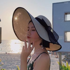 Kadınlar İçin Geniş Kötü Şapkalar Yaz Tatil Plajı Güneş Büyük Saçak Hal Samağı Panama Ladies Yay UV Koruma Kapağı Chapeu Femininowide Wend22