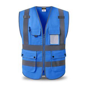 Erkek tank üstleri hi vis mavi güvenlik yeleği fermuarlı ve ceplerle yansıtıcı erkekler için yüksek görünürlük iş kıyafeti işleri kadınlar için