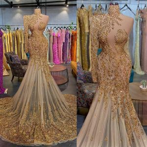 2023 High Neck Prom Dresses Mermaid Sequins Lacee Applique Custom Made One Shoulder Long Sleeves Ruched Evening Party Gowns vestidos Formal Occasion Wear Plus Size