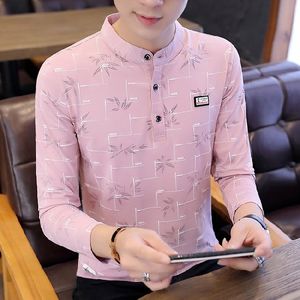 T-shirt da uomo T-shirt lunga Uomo Rosa Nero Bianco Camicia Top Manica Camicia da uomo Colletto Cotone Autunno Uomo Casual Stampa T-shirt Primavera Tees 230206