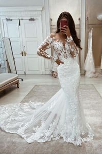 Romantic Full Lace Mermaid Wedding Dresses Sheer Long Sleeve Appliques Jewel Neck Long Bridal Gowns Garden Boho Robe de mariage BC15112