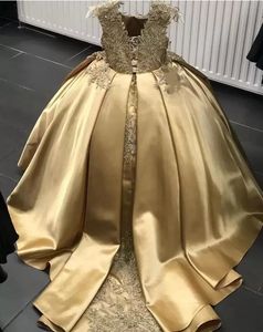 Gold Crystal Flower Girls Dress Pageant Dresses Ball Gown Beaded Toddler Infant Clothes Little Kids Birthday Gowns BC14239