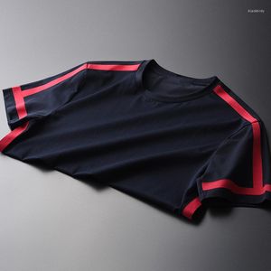 Erkek Tişörtleri ve Kırmızı Siyah Kontrast Renk Tasarımı Yuvarlak Yaka Kısa Kollu Pamuk Spandex Moda Tişörtleri M-4XL