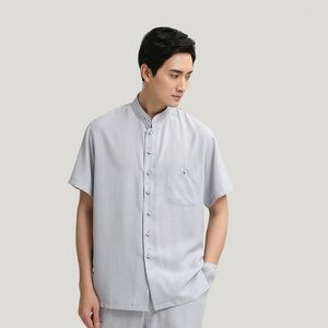 Erkekler Tişörtleri Katı Çin Geleneksel Stil Bluz Mandarin Nakışla Pamuk Keten Gömlek Top Ulusal Kostüm