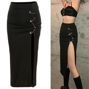 Юбки Женщины готические панк высокая талия MIDI Long Bodycon юбка для карандашей Сексуальные боковые сплит -металлические булавки длина длина теленка тонкая черная клубная одежда