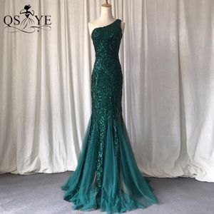 QSYYE One Shoulder Emerald Evening Dresses Green Sequined Long Mermaid Prom Gown Glitter Elegant Party Dress Pattern Lace Formal Dress