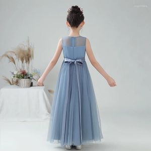 Kız Elbise Mavi Çiçek Düğün Akşam Partisi Tül Kızlar Resmi Prenses Elbise Uzun Junior Nedime Elbise Bowtie