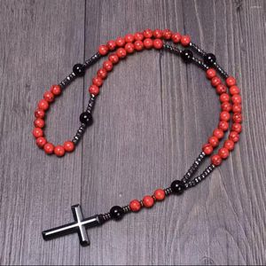 Anhänger Halsketten Vintage 8mm Red Pine Stein Christus Rosenkranz Hämatit Kreuz Halskette Für Männer Frauen Schmuck Großhandel Drop