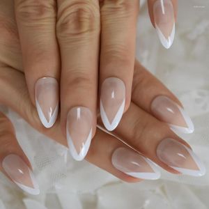 False Nails Almond Natural Nail Daily Shiny Medium Artificial French Fake V Shape Full Cover Tips 24 With Glue Sticker