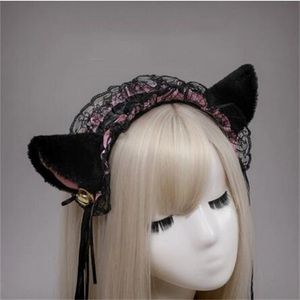 Kadın Girl Gotik Lolita Hizmetçi Ruffles Dantel Kafa Bandı Peluş Kedi Kulakları Şerit Bell Lolita Cosplay Saç Çember GC1896