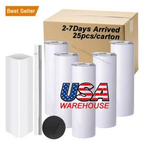 US CA stock 25pc/carton 20oz Sublimation Tumbler bottle Blank Stainless Steel Tumbler DIY Straight Cups Vacuum Insulated 600ml Car Coffee Mugs Ready to ship