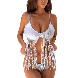 Seksi Sequin Bikini Set Kadınlar 2023 Yeni Parlak Tassel Push Up Tasarımcı Mayo Plaj Maması Takım Silver Suneskin Thong Mayo