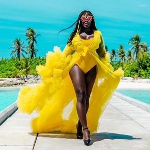Abiti casual Tulle africano giallo brillante per le donne Abiti Compleanno Po Shoot See Through Dress Party