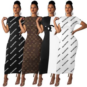 2024 Tasarımcı Elbiseler Yaz Kadınlar Kısa Kol Bodycon Maksi Elbise 2x Moda Siyah Beyaz Panelli Baskı Etek Seksi Gece Kulübü Partisi Bahar Kıyafetleri 2780-7