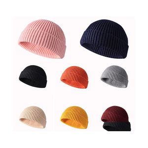 Beanie/Kafatası Kapakları Erkek Moda Örme Şapkalar Boy Sklcap Erkek Beanie Kış Retro Stripsiz Baggy Kavun Kap Kuff Docker Fisherman Access Dhivm