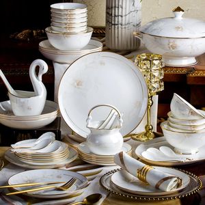 Plates European Style Complete Tableware Set Bowl Bone China Luxury Wedding Pratos De Jantar Dinner Service