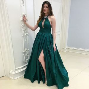 Lüks Saten Balo Elbiseleri Uzun A-Line Koyu Yeşil Akşam Elbise Kadınlar için Seksi Bölünmüş Yular Boyun Çöp De Soiree