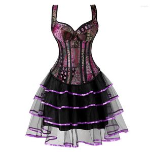 Bustiers Korse Kadın Victoria Showgirl Gotik korse yelek kabarcık etek rönesans brokar up up kayış mor üst elbise