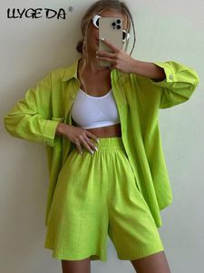 Women's Tracksuits Summer Two Piece Set Women Shorts Suit Lapel Long Sleeve Shirts Sets Female Elegant Casual High Waist Pants Lady Outfits 230209