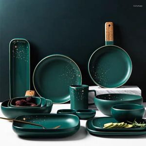 Teller Retro Grün Nordic Teller Set Keramik Matte Luxus Party Geschirr Küche Suppe Schüssel Tasse Dicke Qualität
