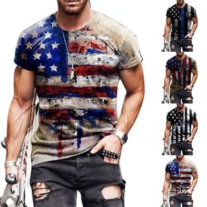 Erkek Tişörtleri 2023 Yaz Amerikan Bayrağı 3D Baskılı Tees Üstler Erkekler Sıradan Moda T-Shirt Yuvarlak Boyun Gevşek Kas Sokak Giyseni Giyim