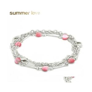 Bangle 3pcs/Set Pink Color Opal Heart Bracelet Bracelet для женщин Элегантный серер Mtilayer Love Chain Fashion Dewelry Party Drop Deviv Dhe1n