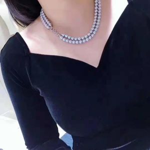 Zincirler El Düğümlü 2 Strands 8-9mm Gri Tatlı Su İnci Kolye Mikro Kakma Zirkon Düğme Kazak Zinciri Uzun 44-47cm Moda Jewelrychain