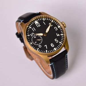 Avanadores de pulso Bronze Polit Military Wristwatch de 44 mm Super Luminous 100m à prova d'água Segundo Segundo Couro Hand Winding Watch Mechanical Watch