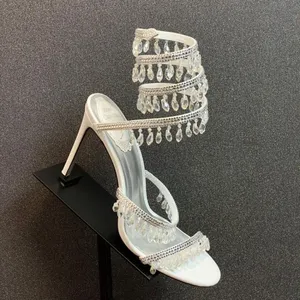 Rene caovilla Chandelier crystal-embellished sandals leather stiletto Heels Evening shoes women heeled Luxury Designers Ankle Wraparound shoes factory footwear