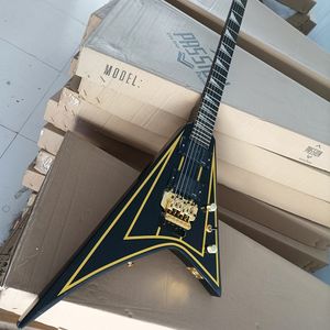 6-saitige schwarze V-E-Gitarre mit gelben Streifen, Floyd Rose EMG-Tonabnehmer, Palisander-Griffbrett, anpassbar