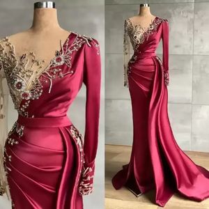 Vintage Koyu Kırmızı Uzun Kollu Denizkızı Akşam Elbiseleri şeffaf uzun kollu aplike boncuklar Crystlas Satin Prom Party Gowns Vestidos BC5321
