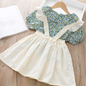 Giyim Yaz Yeni Çiçek Yakası Gömlek Kısa Sırıştırıcılar Etek Bib Elbise Takım Kore Moda Twopiece Bebek Giysileri Setler Pamuk Çocuklar