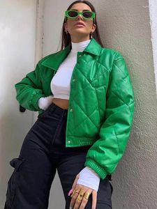 Kadın Trençkotlar PU Deri Kısa Kirpi Ceket Kadın Yeşil Yaka Düğmeli Moda Kırpılmış Ceket 2023 Uzun Kollu Ins Kalın Kış Üst