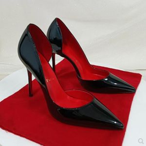 2024 Роскошная женская обувь на высоком каблуке с красной блестящей подошвой и острым носком. Сексуальные туфли-лодочки 8 см, 10 см, 12 см. Свадебные модельные туфли телесного цвета, черные блестящие с мешком для пыли 35-44