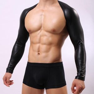 Erkekler Tişörtleri Kişiselleştirilmiş Sahte Deri Erkekler Siyah Örgü Seksi Kas Kısa T-Shirt Uzun Kollu Temptation Gay güreş üstleri