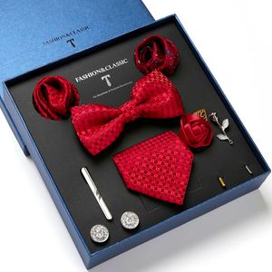 Erkekler için boyun kravat seti moda bağları ipek kelebek bowtie kırmızı tasarımcı Hanky ​​Cufflinks yaka pim kravat klipleri güzel hediye kutusu paketleme 230210