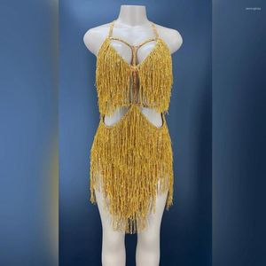 Sahne Giyim Altın Saçaklar dans kostümü Parti Kıyafeti Püskül Bodysuit Akşam Doğum Günü Gösterisi Gogo Performans Elbise