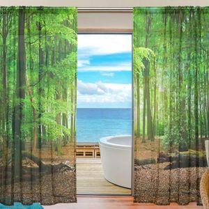 Perde yeşil orman tül perdeler kuzey Avrupa tarzı yatak odası pencereler voil doğal manzara kör tarama şeffaf