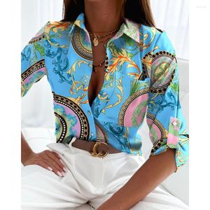 Kadın Bluzları 2023 Sonbahar Kadınlar Barok Baskı Rulo Sekmesi Kollu Düğmesi Aşağı Gömlek Moda Zarif Leydi Uzun Bluz İş Giysileri